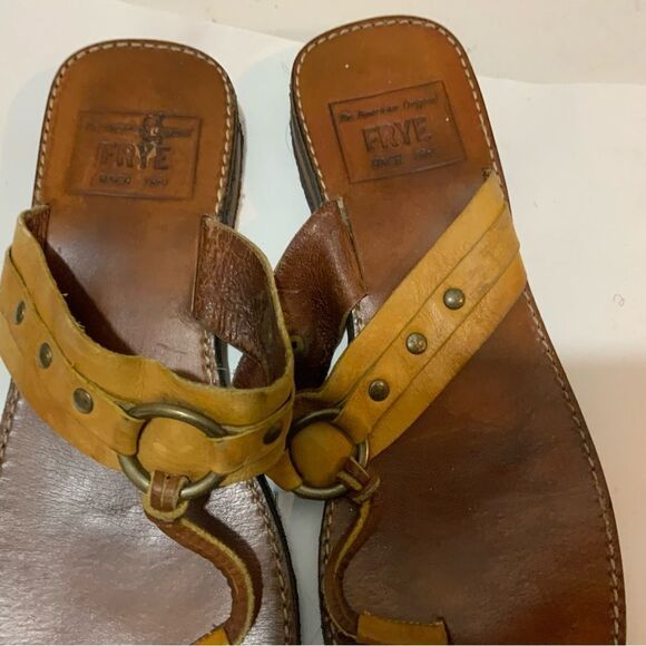 Frye riven Brown Red Leather Studded Thong Sandals Flats Heel Size 9 Made Brazil - Picture 7 of 9